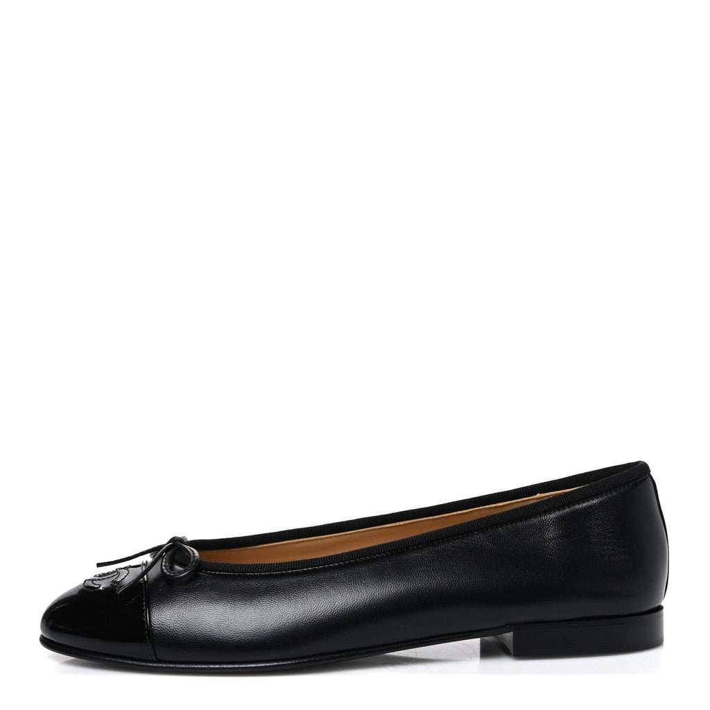 Lambskin Patent Cap Toe Ballerina Flats 39.5 Black