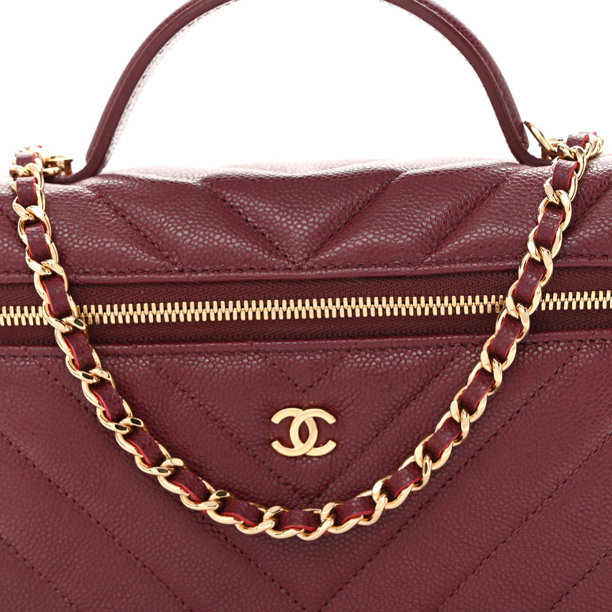 Caviar Chevron Quilted Top Handle Slim Vanity With Chain Burgundy