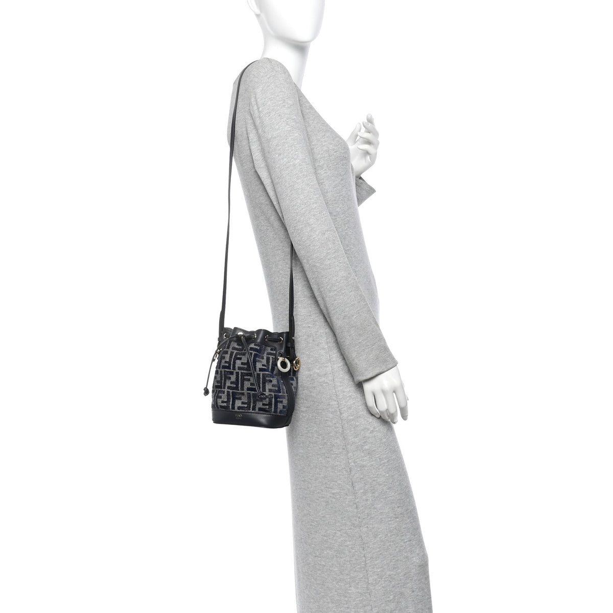 Chenille Vitello Grace FF Mini Mon Tresor Bucket Bag Grigio Blue Notte