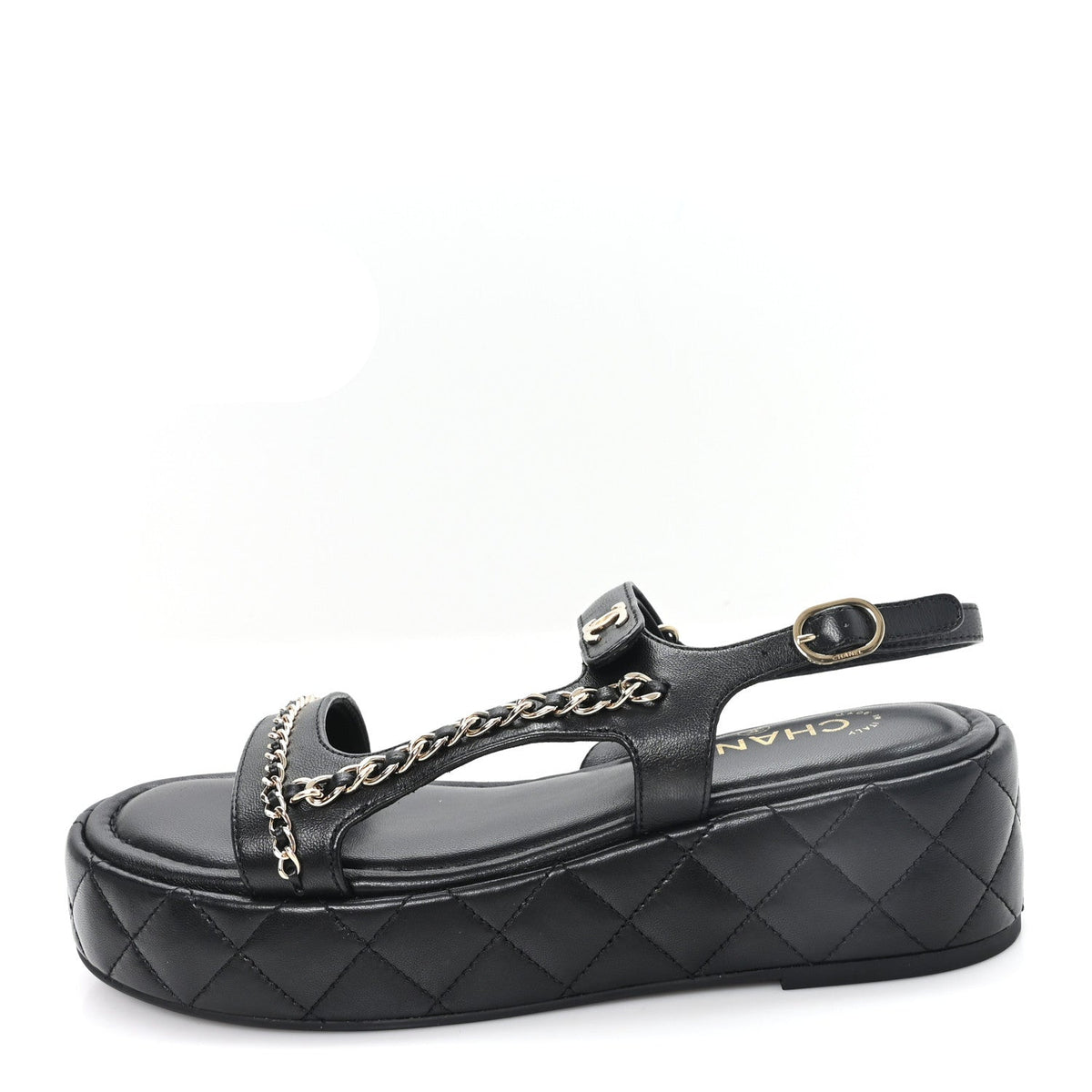 Lambskin Quilted Chain CC Platform Sandals 39.5 Black