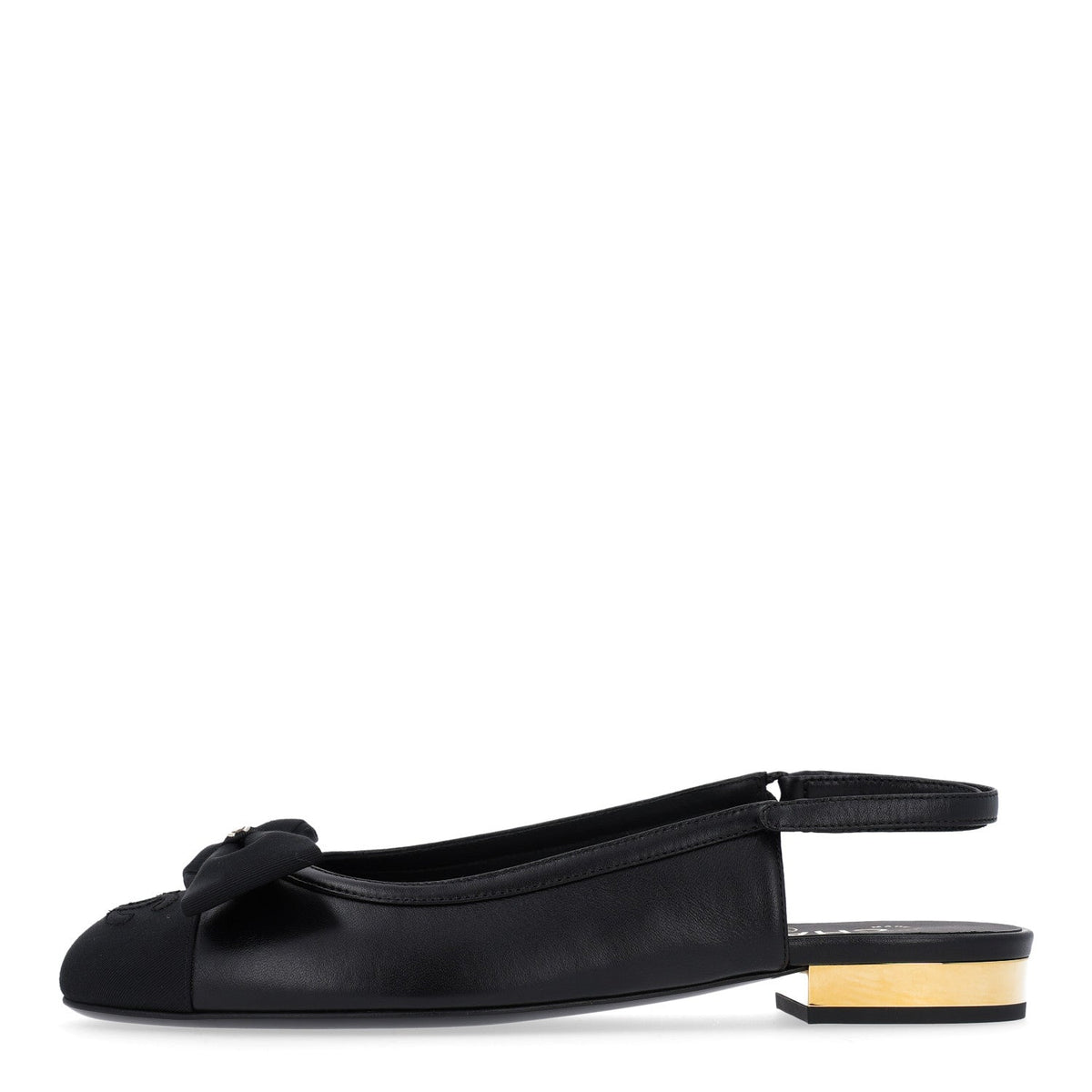 Lambskin Grosgrain Bow Cap Toe CC Slingback Flats 37.5 Black