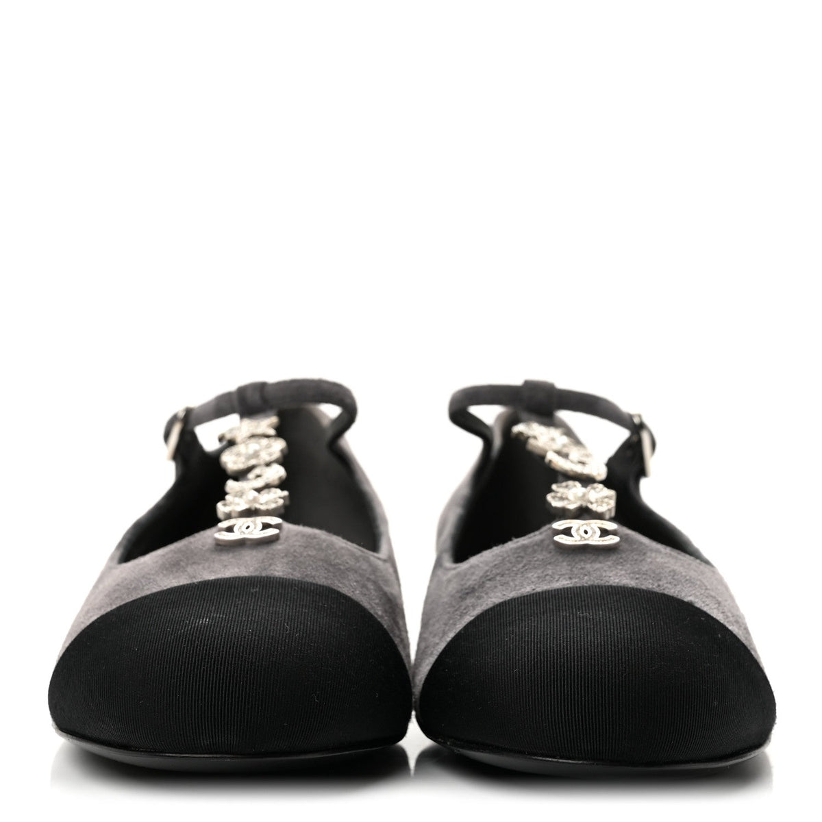 Suede Grosgrain Crystal Pearl Crystal Cap Toe T Strap CC Mary Jane Flats  37.5 Grey Black