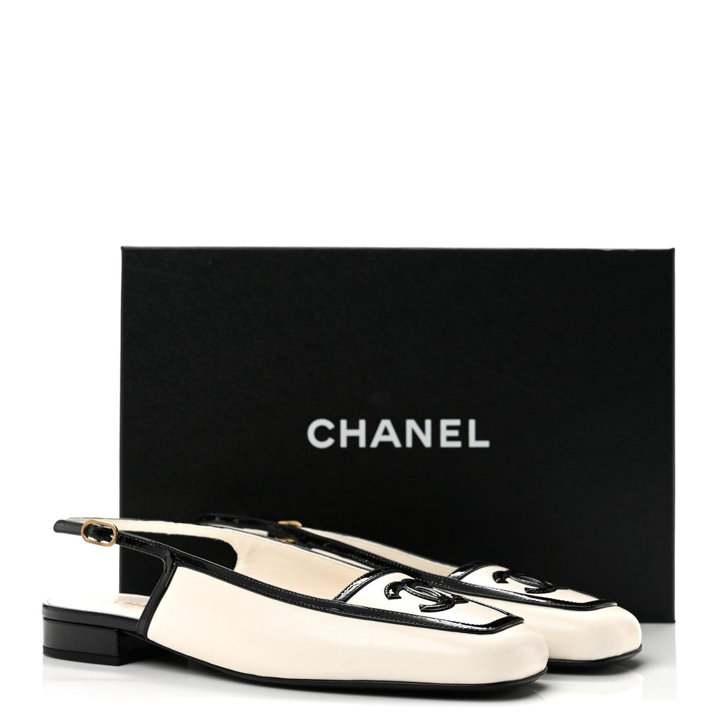 Lambskin Patent Calfskin CC Slingback Sandals 37 White Black