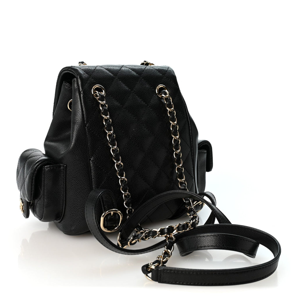 Shiny Caviar Quilted Small Pockets Drawstring Backpack Black