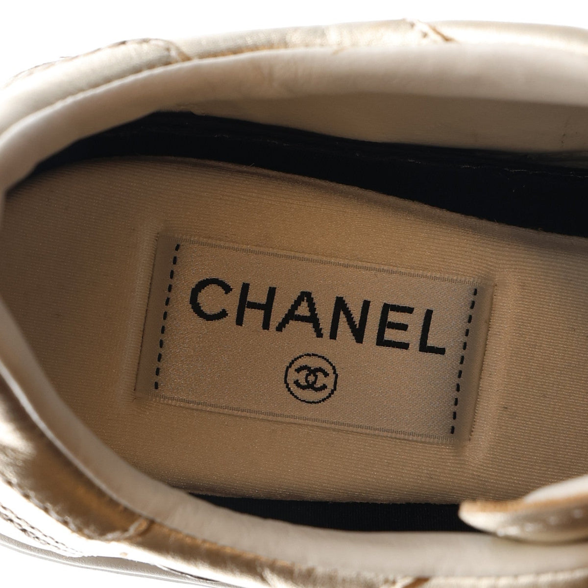 Laminated Calfskin CC Womens Sneakers 38.5 Golden