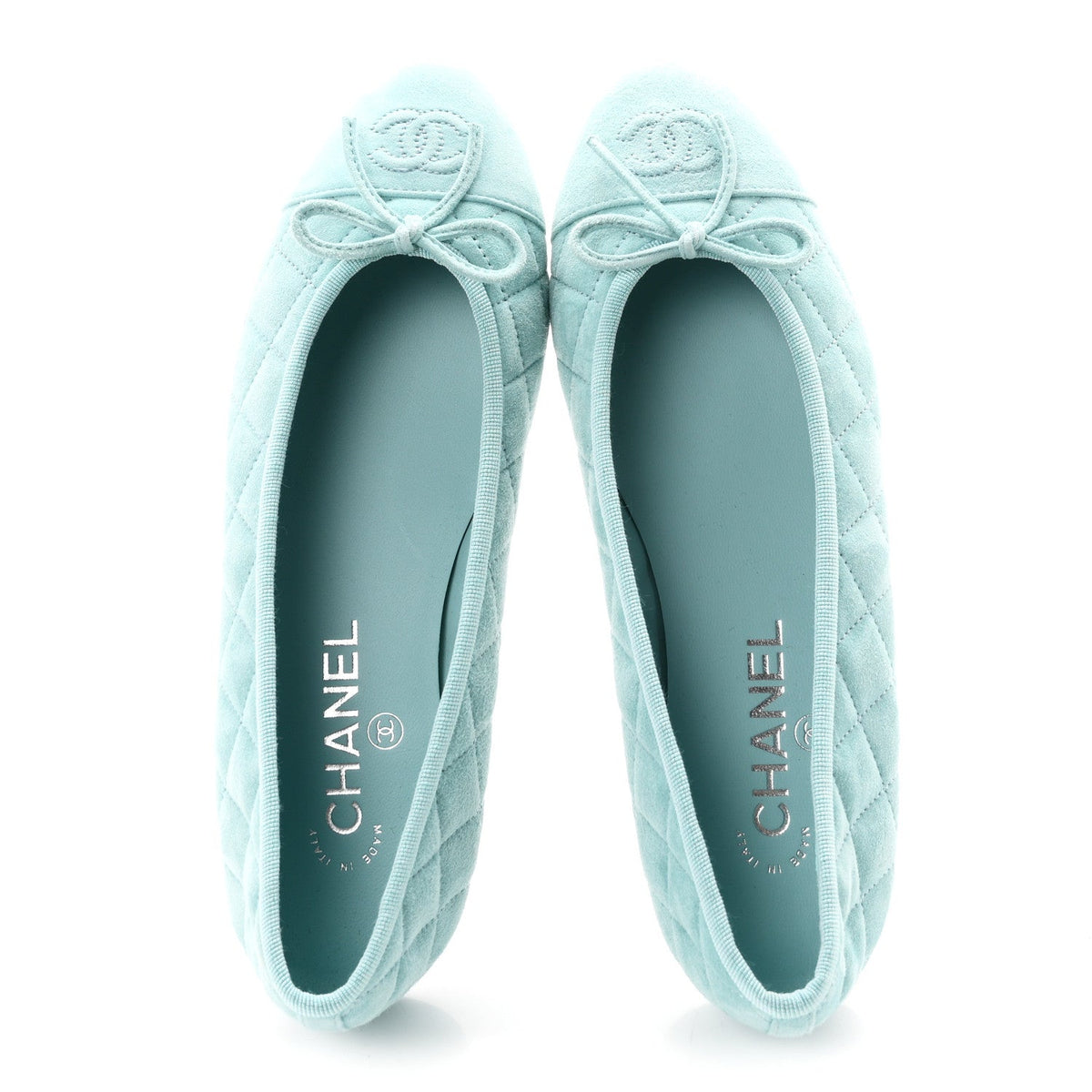 Suede Calfskin Quilted Cap Toe CC Ballerina Flats 38 Light Blue