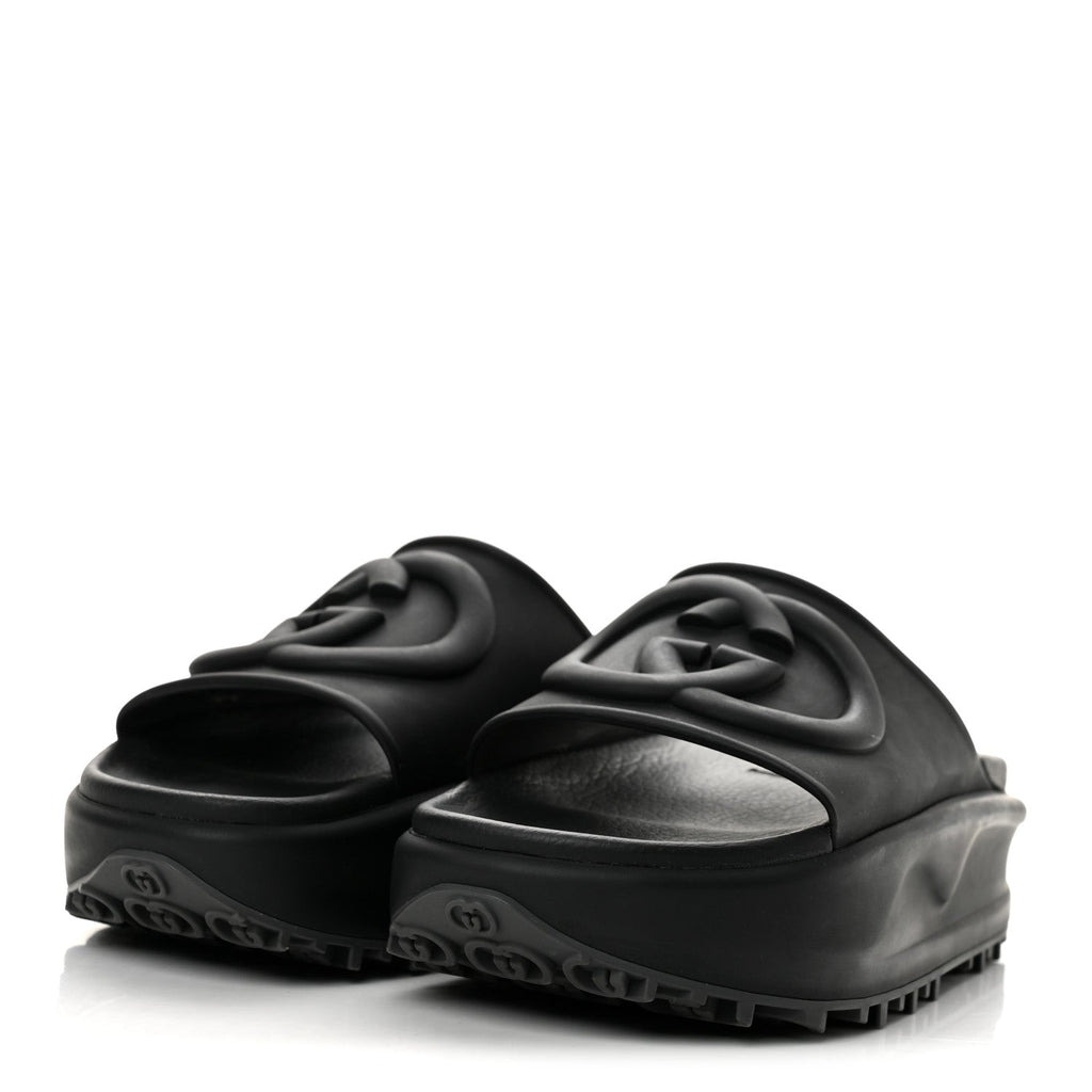 Soft Rubber Womens Interlocking G Platform 42mm Slide Sandals 36 Black