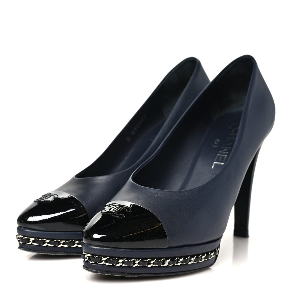 Calfskin Patent CC Cap Toe Platform Chain Pumps 38.5 Navy Black