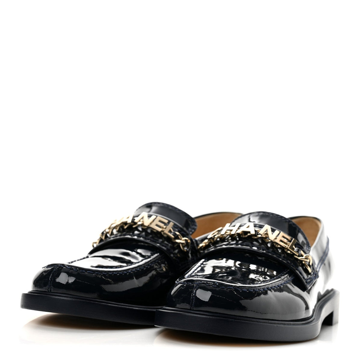 Shiny Calfskin Logo Loafers 36.5 Navy Blue