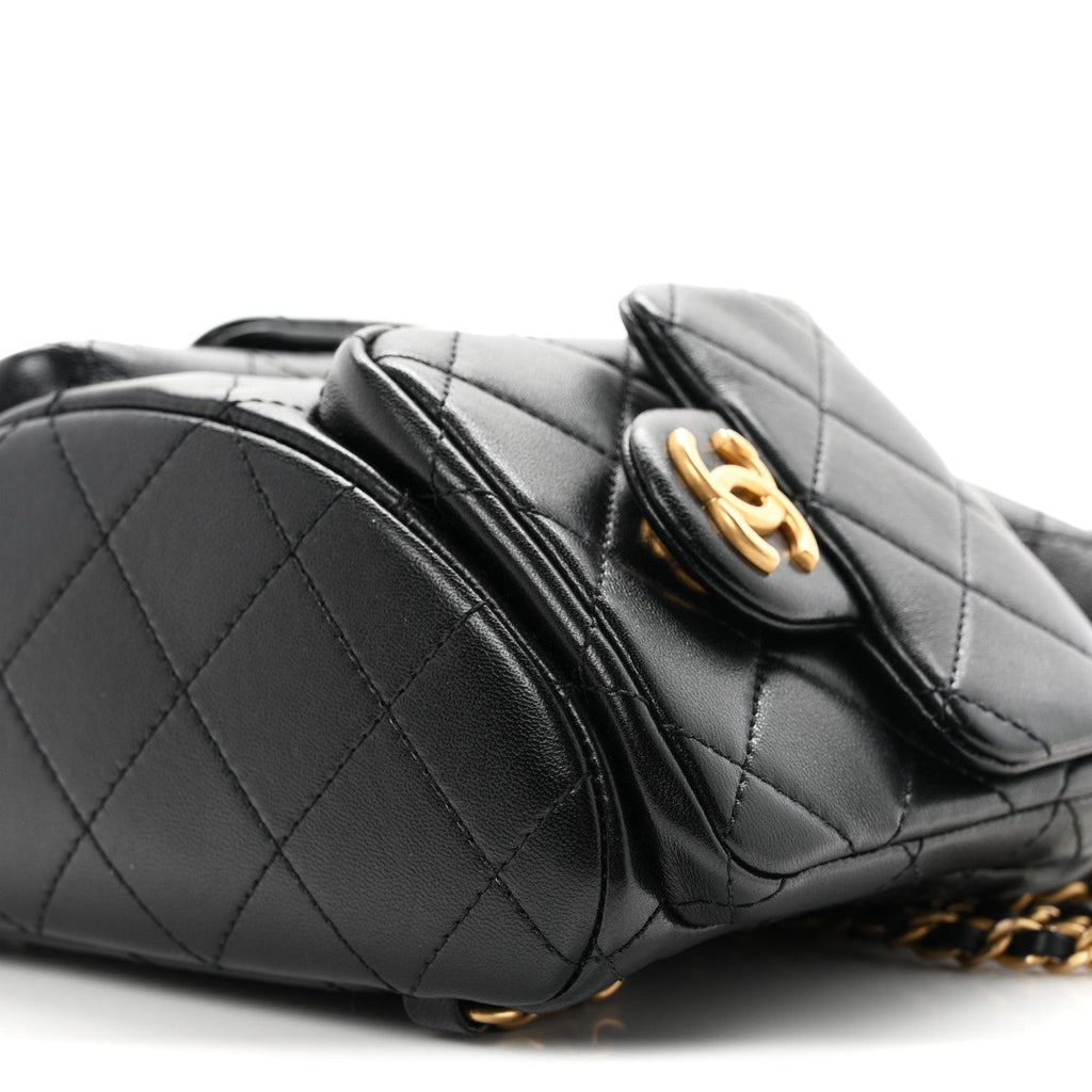 Shiny Lambskin Quilted Double Pocket Backpack Black