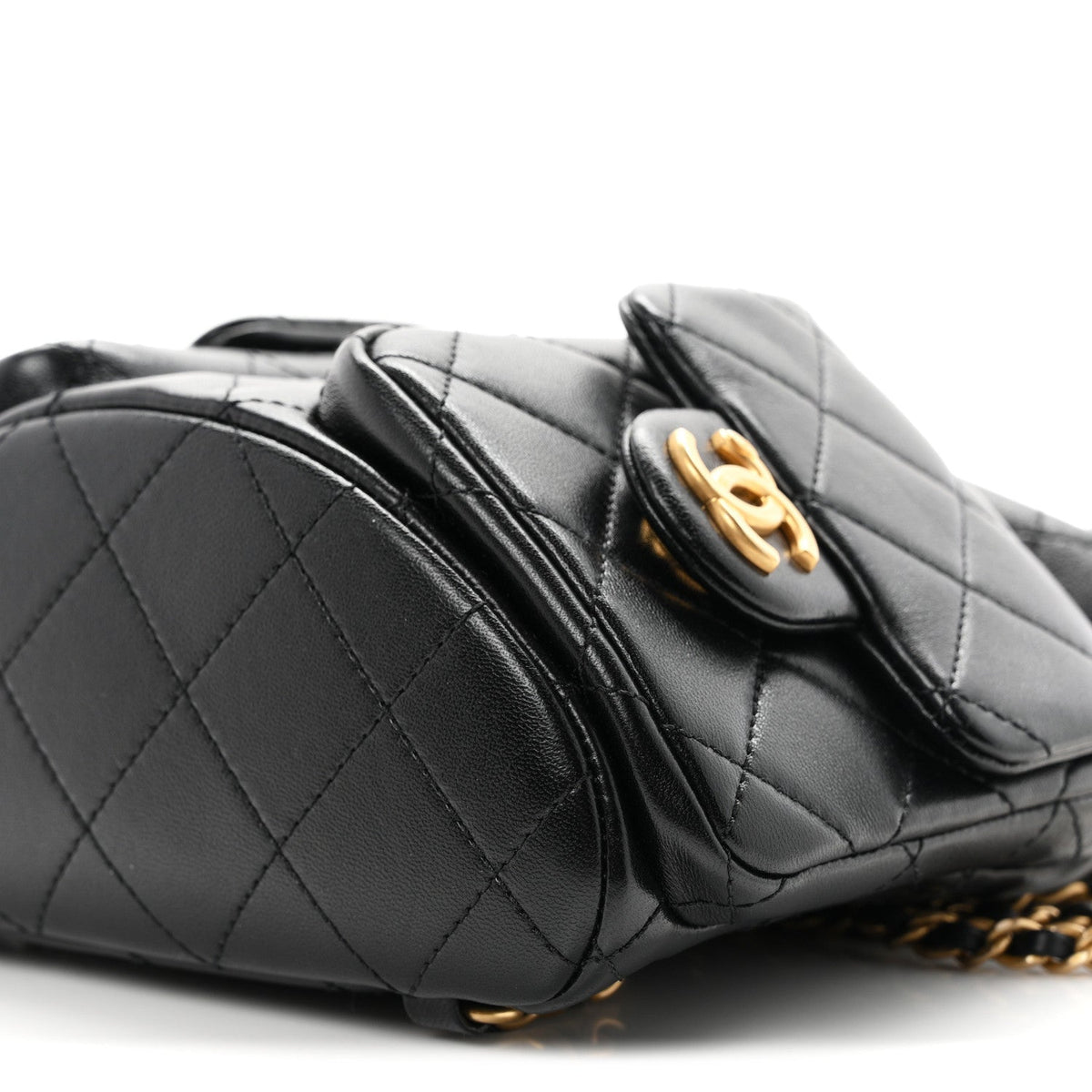 Shiny Lambskin Quilted Double Pocket Backpack Black