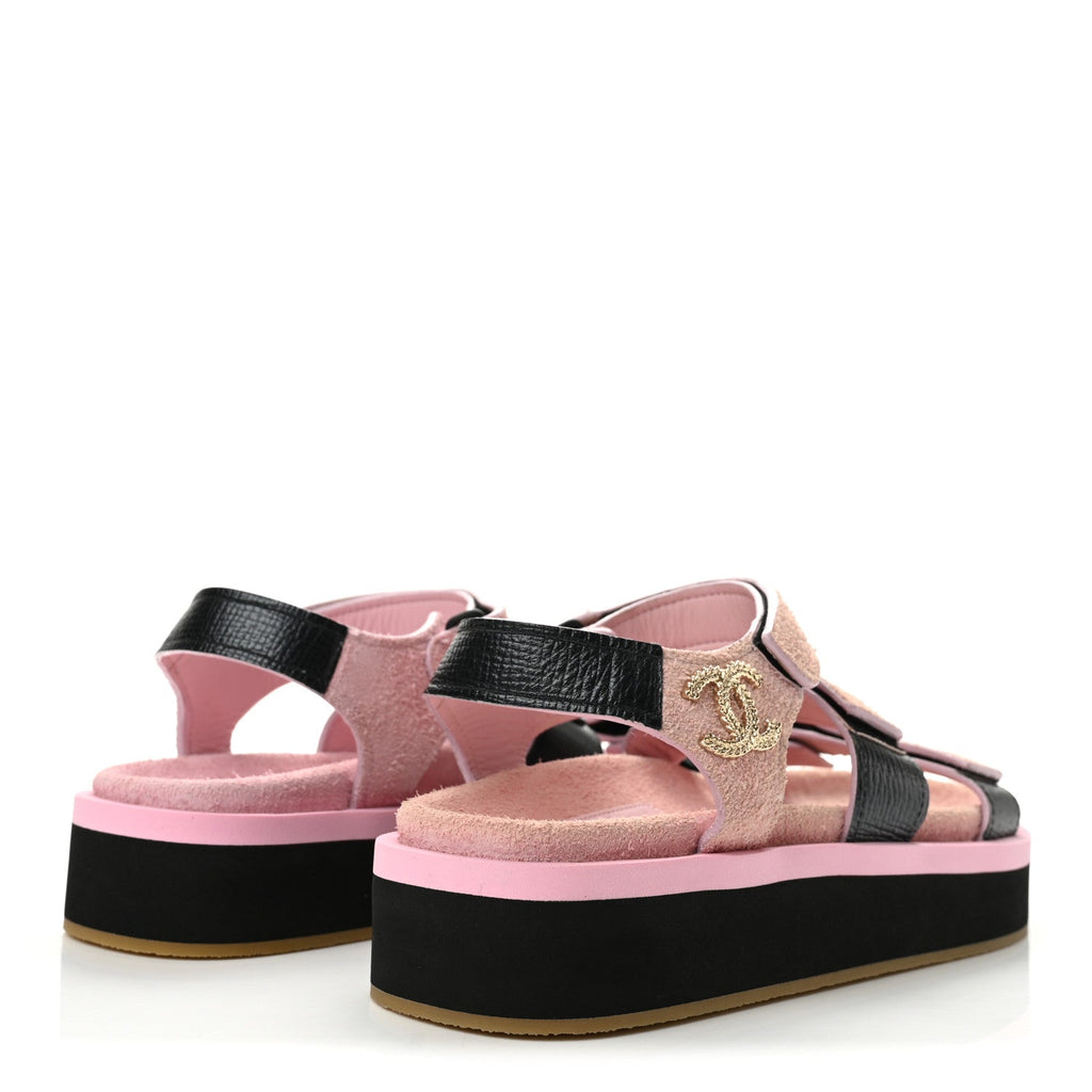 Suede Calfskin Velcro Flat Sandals 39 Light Pink