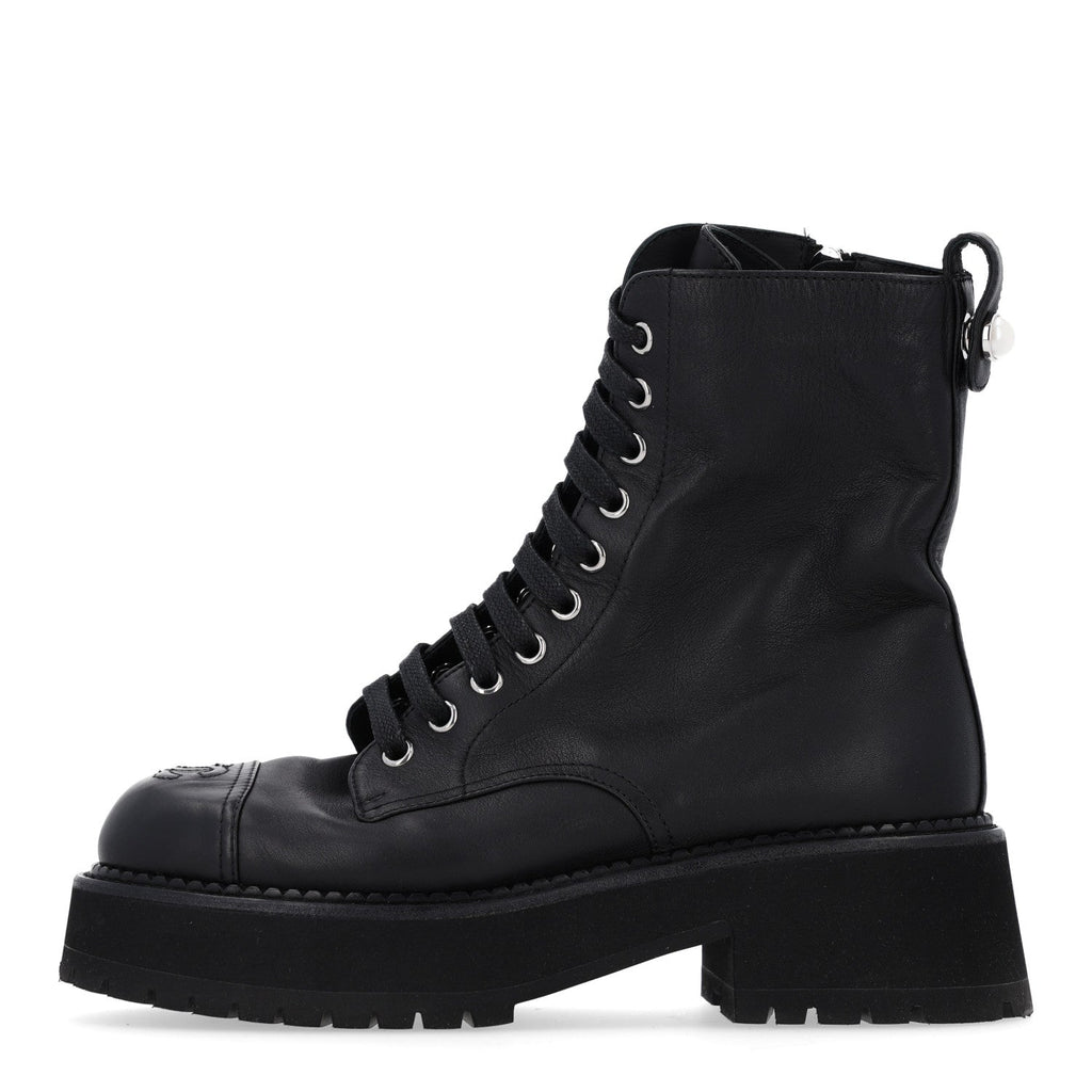 Calfskin Cap Toe Lace Up Combat Boots 37 Black