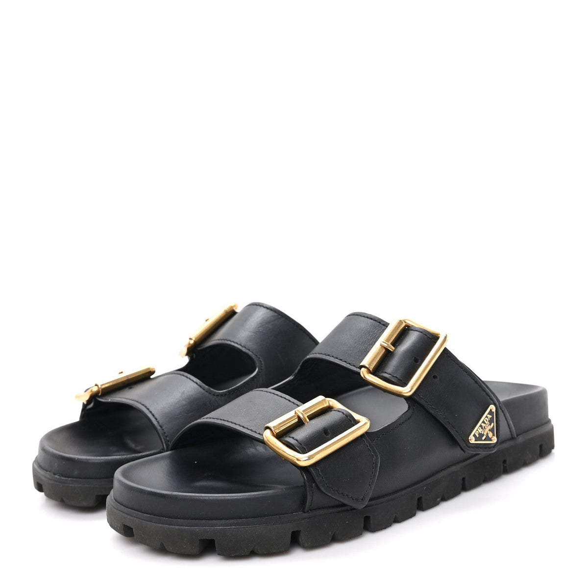 Vitello Sport Metal Triangle Logo Womens Double Buckle 20mm Slide Sandals 38.5 Black