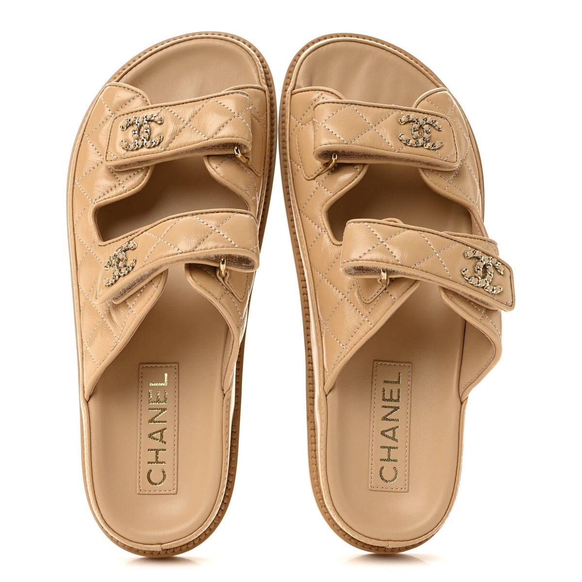 Lambskin Quilted Velcro Dad Chain CC Slide Sandals 38.5 Beige