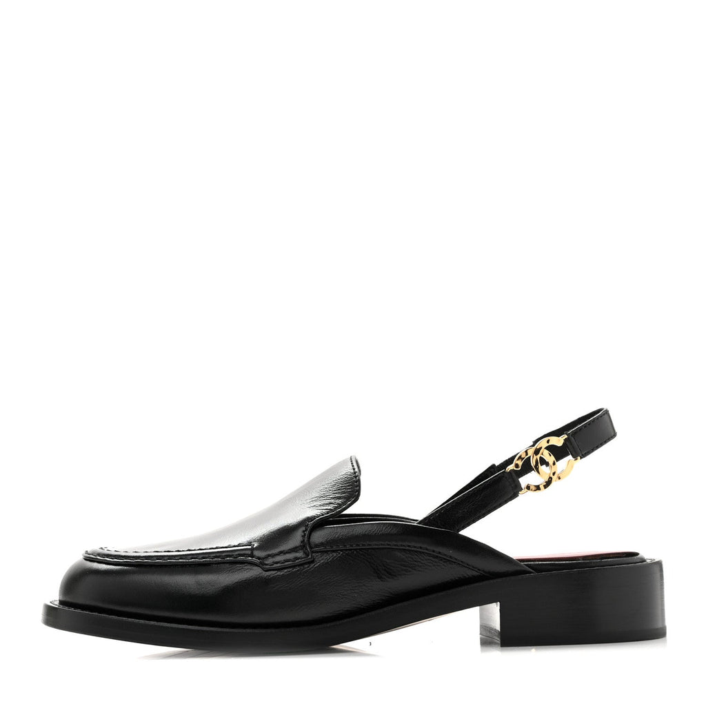 Glazed Calfskin CC Slingback Flats 37 Black