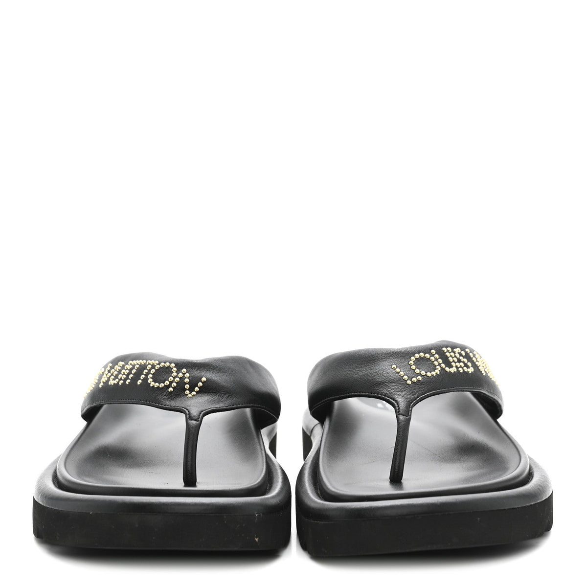Calfskin Logo Studded Pillow Flat Thong Sandals 35 Black