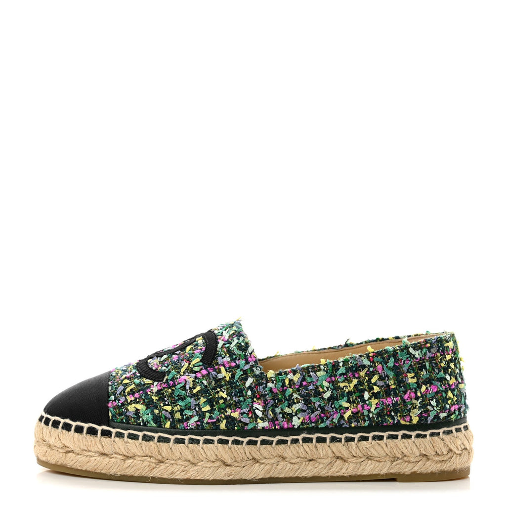 Tweed Grosgrain CC Espadrilles 37 Green Pink Yellow Black