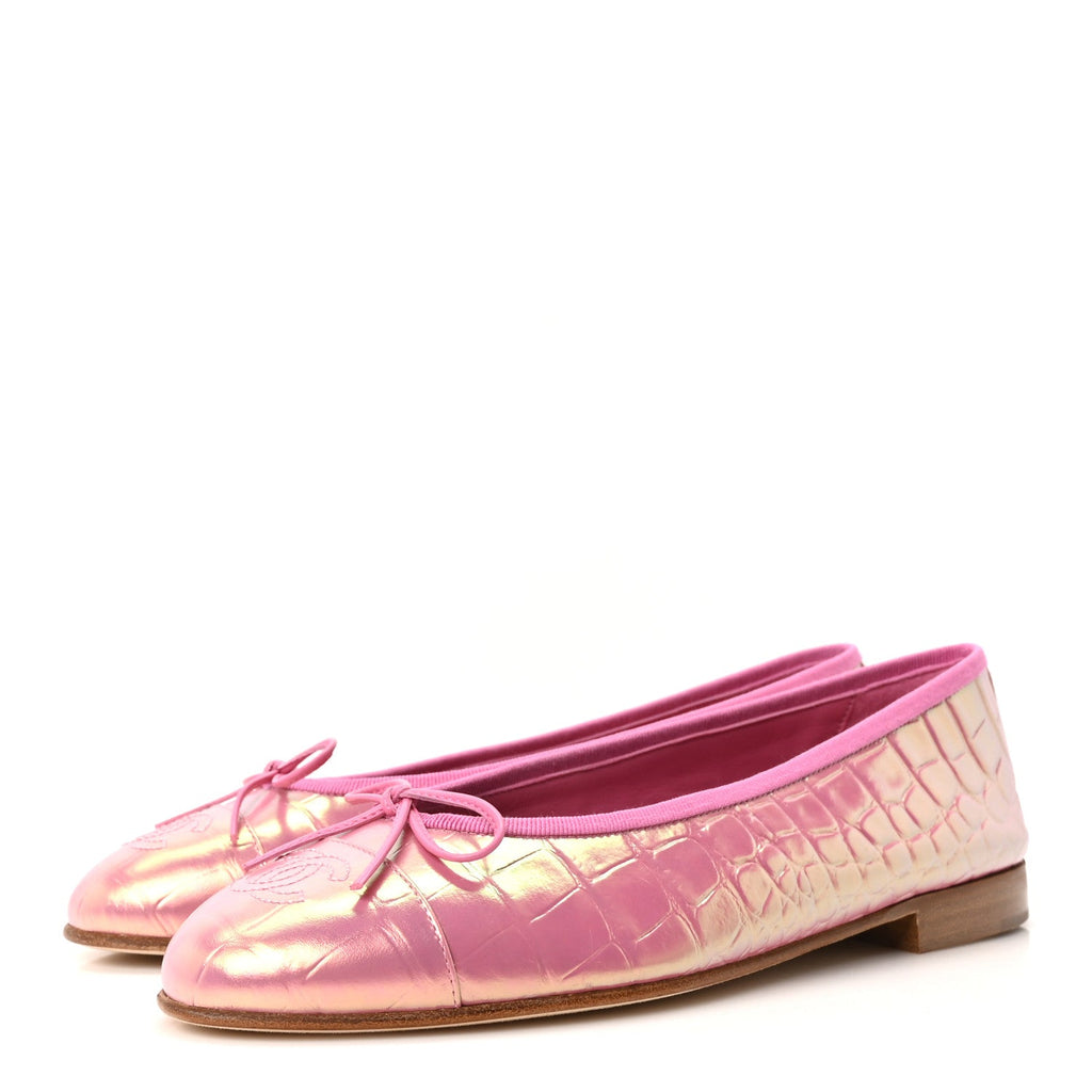 Iridescent Calfskin Crocodile Embossed Ballerina Flats 38 Pink