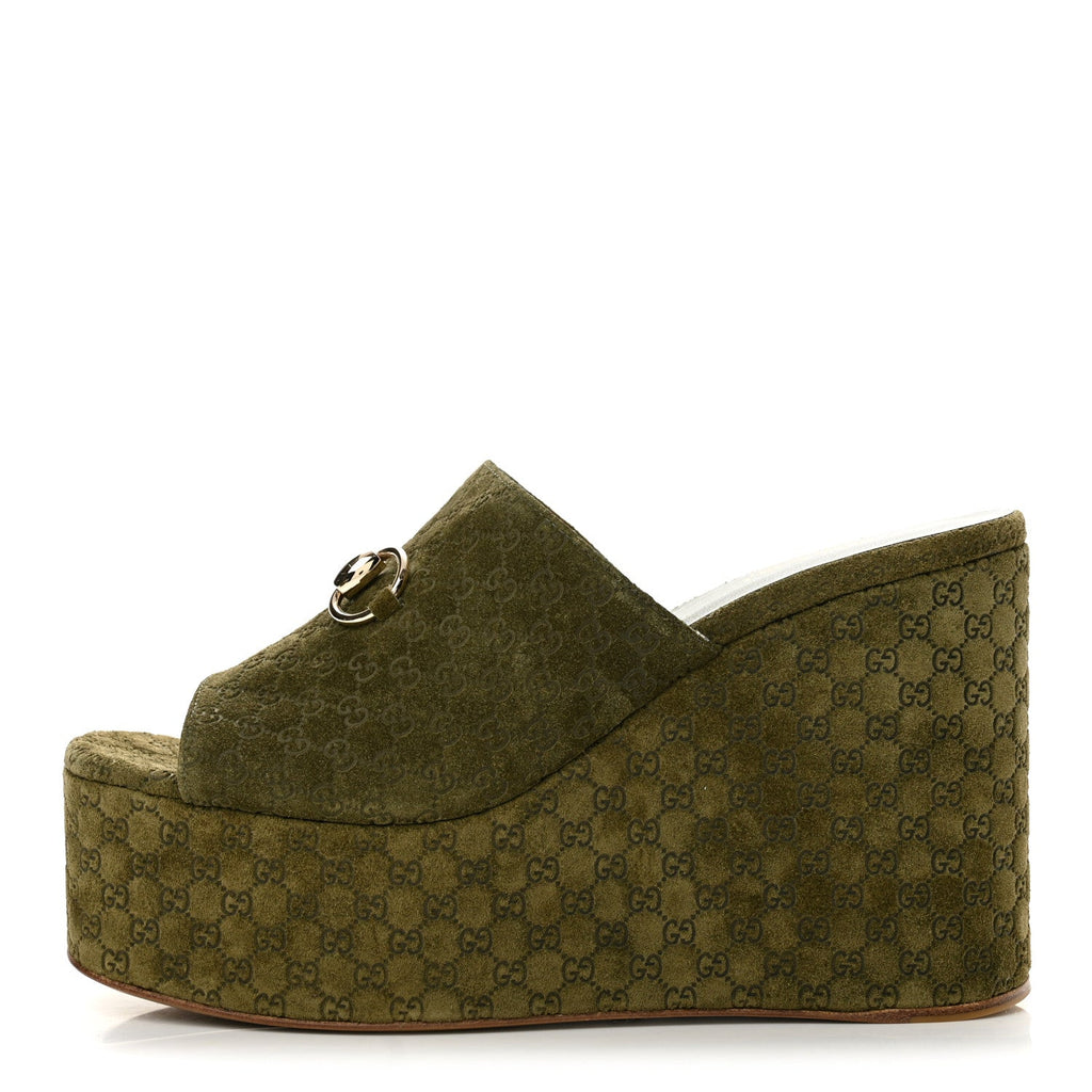 Suede GG Debossed Horsebit Wedge Sandals 39.5 Forest Green