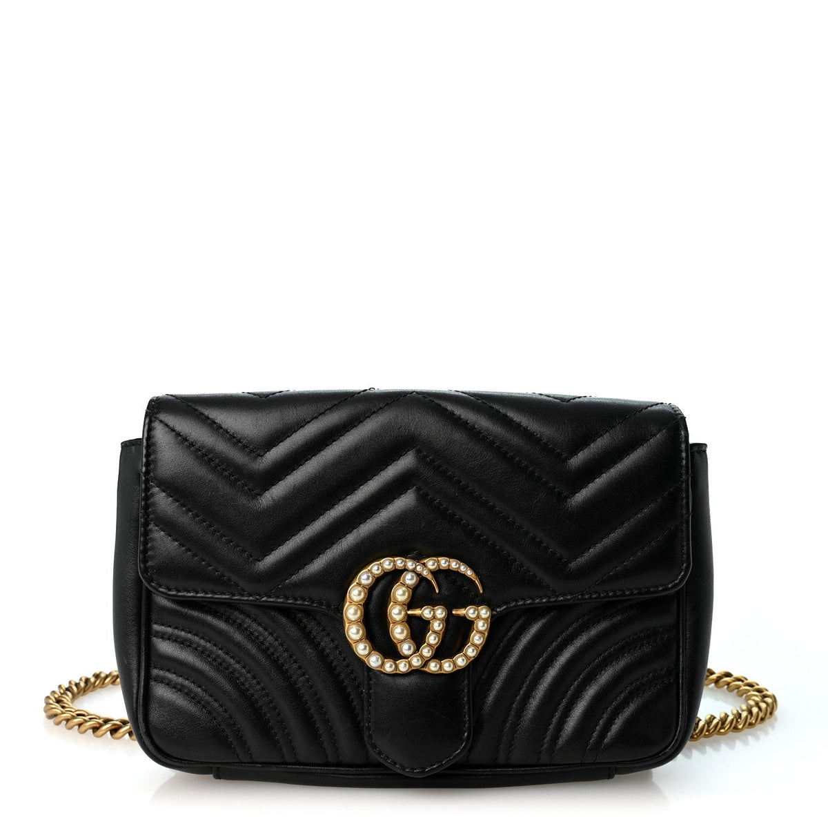 Calfskin Matelasse Pearly GG Marmont Chain Belt Bag Black