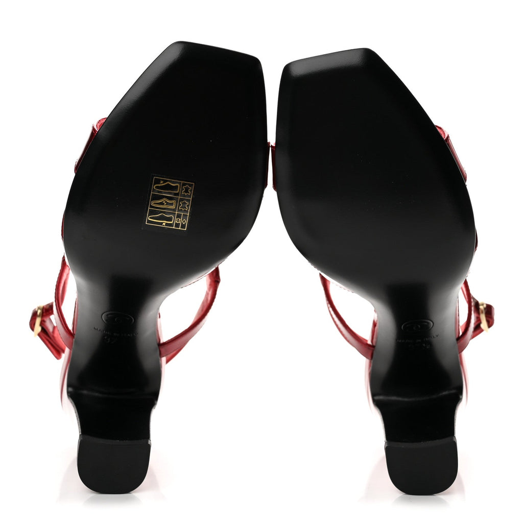 Laminated Calfskin Block Heel Sandals 37.5 Red