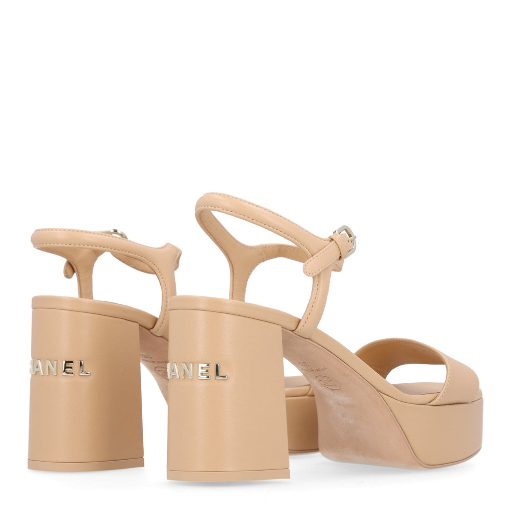 Lambskin Logo Platform Sandals 38 Beige
