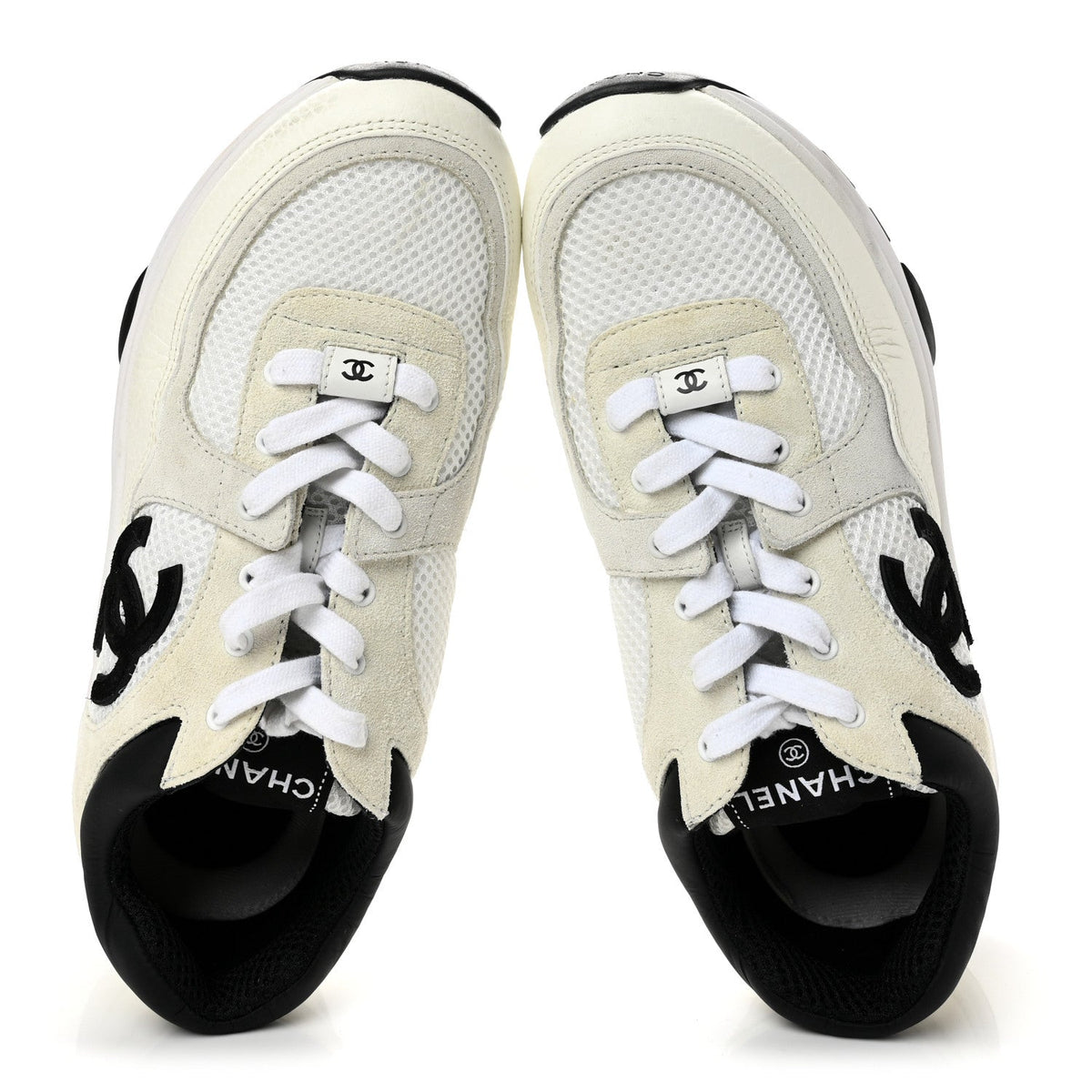 Mesh Suede Calfskin Grained Calfskin Womens CC Sneakers 38.5 White Black