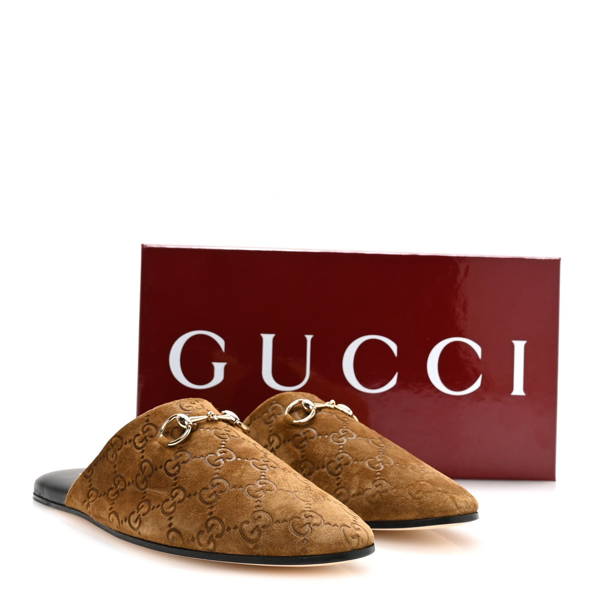 Suede GG Debossed Annette Horsebit Flat Mules 38.5 Brown