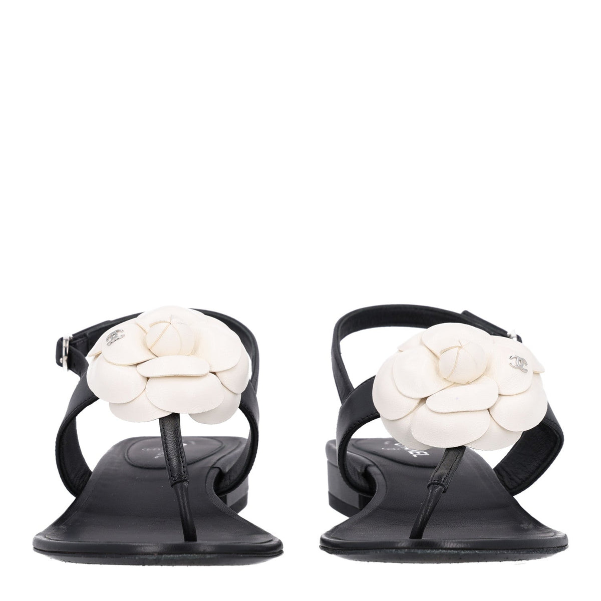 Lambskin Camellia Thong Sandals 36.5 Black White
