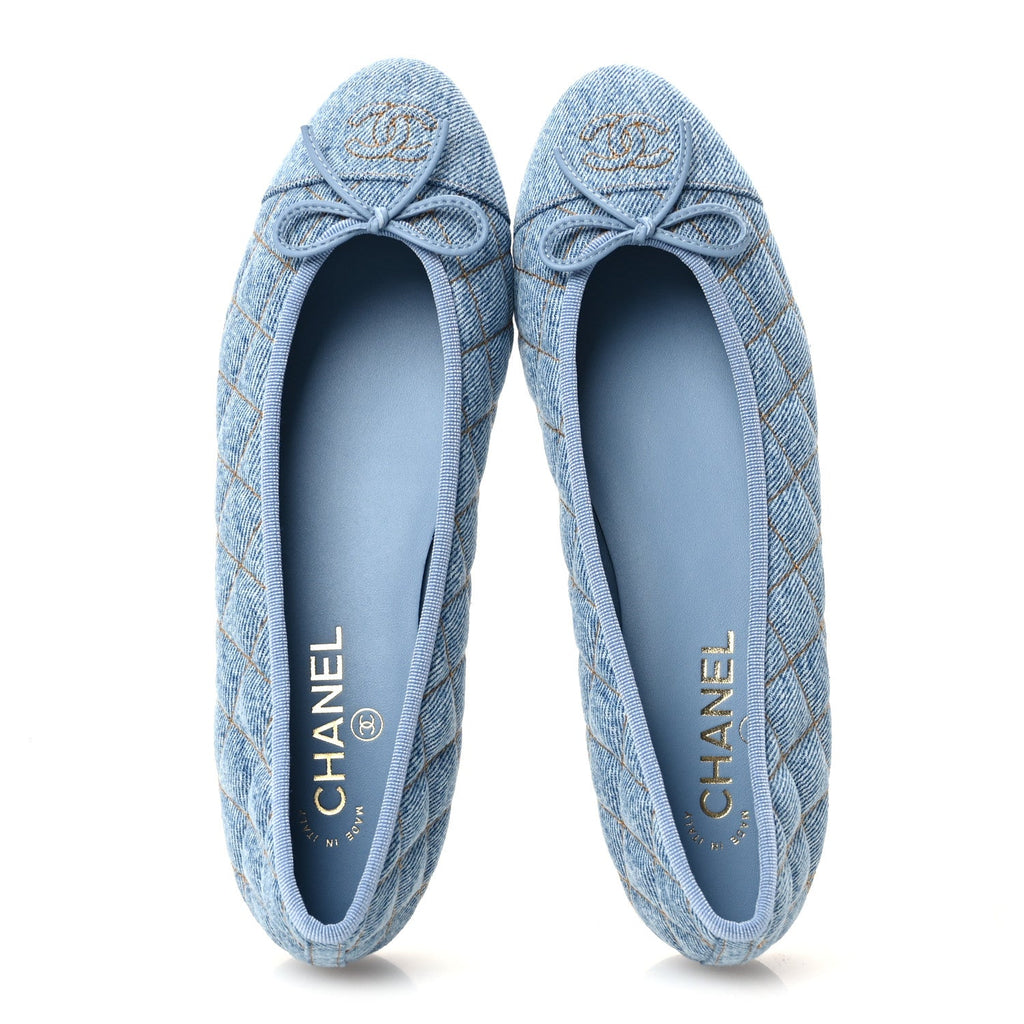 Denim Quilted CC Cap Toe Ballerina Flats 40.5 Light Blue