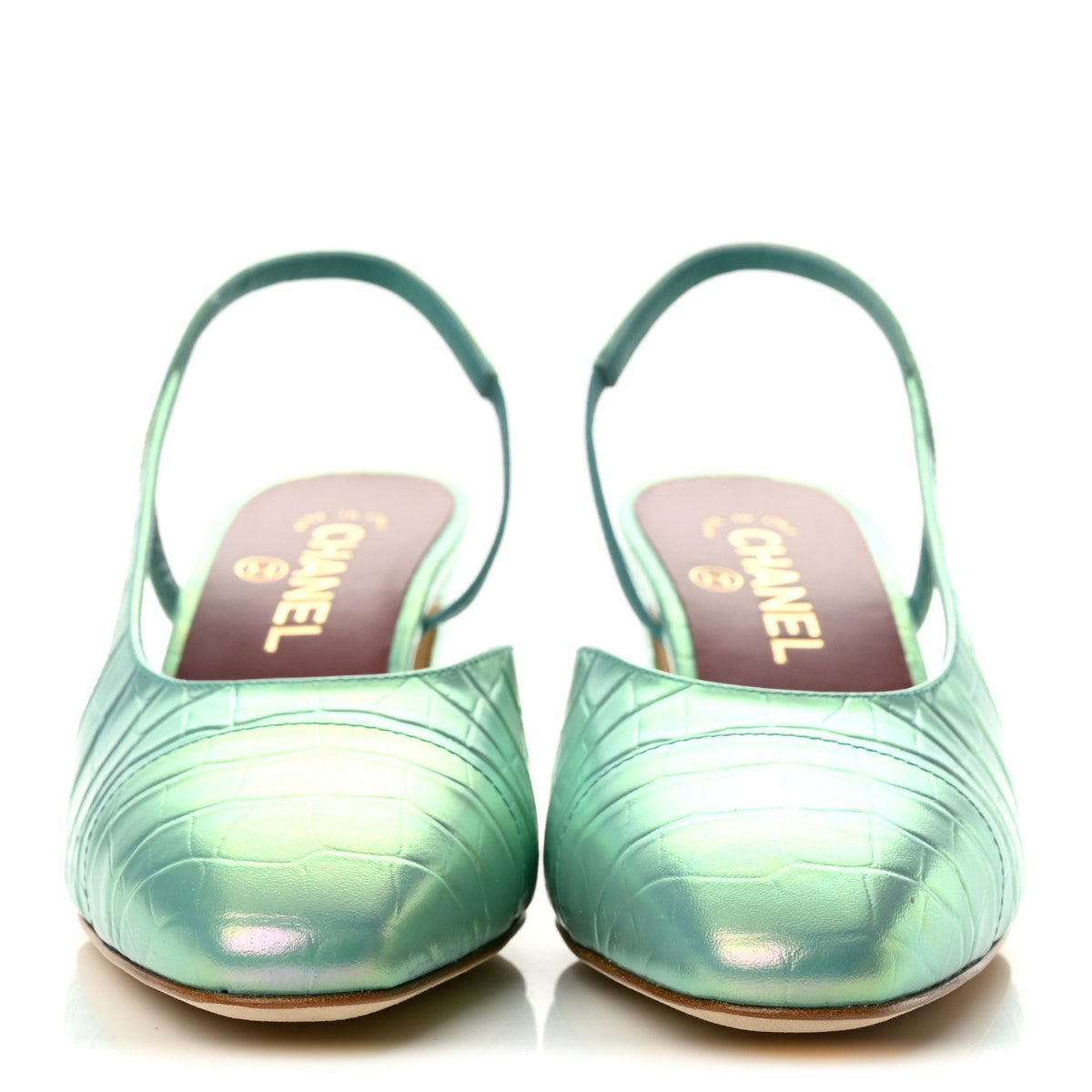 Iridescent Calfskin Crocodile CC Slingback Pumps 38 Green