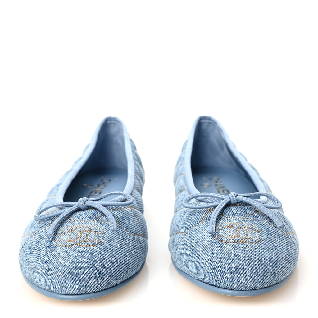 Denim Quilted CC Cap Toe Ballerina Flats 40.5 Light Blue