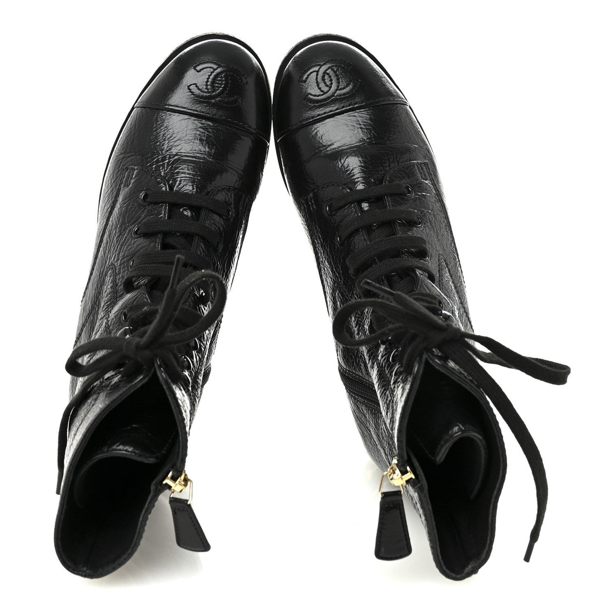Shiny Crumpled Lambskin Lace Up Combat Boots 37 Black