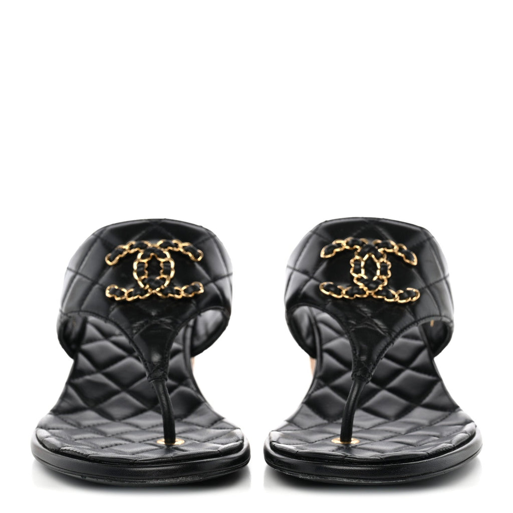 Shiny Goatskin Cork CC Wedge Sandals 39 Black