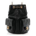 Shiny Lambskin Quilted Double Pocket Backpack Black