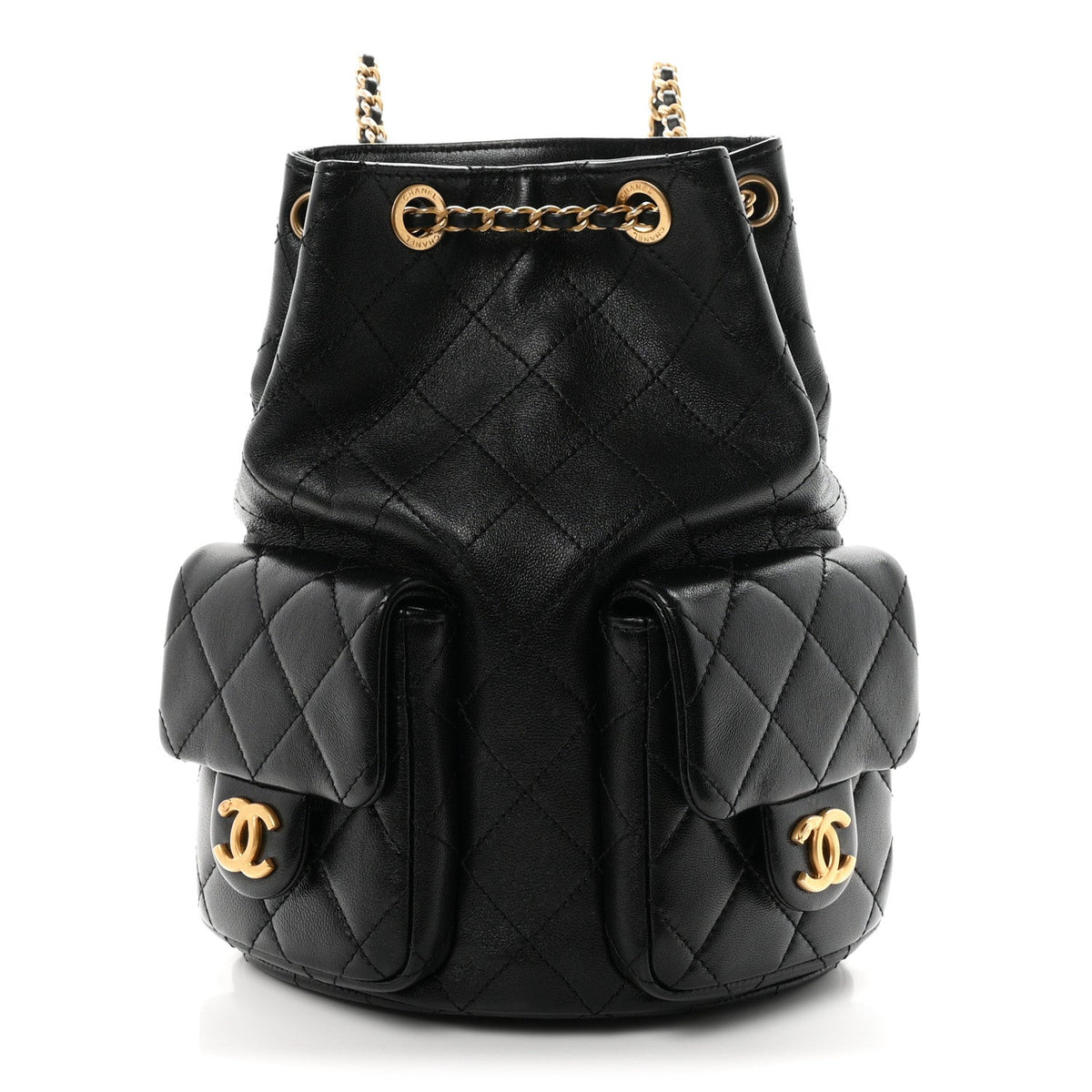 Shiny Lambskin Quilted Double Pocket Backpack Black