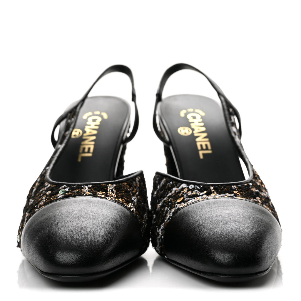 Glittered Wool Tweed Lambskin Cap Toe CC Slingback Pumps 40 Black White Gold