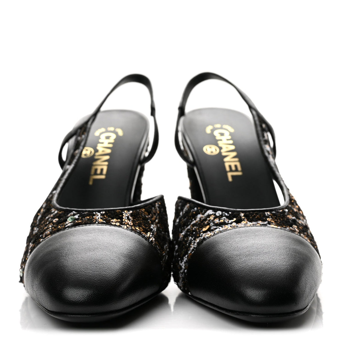 Glittered Wool Tweed Lambskin Cap Toe CC Slingback Pumps 40 Black White Gold