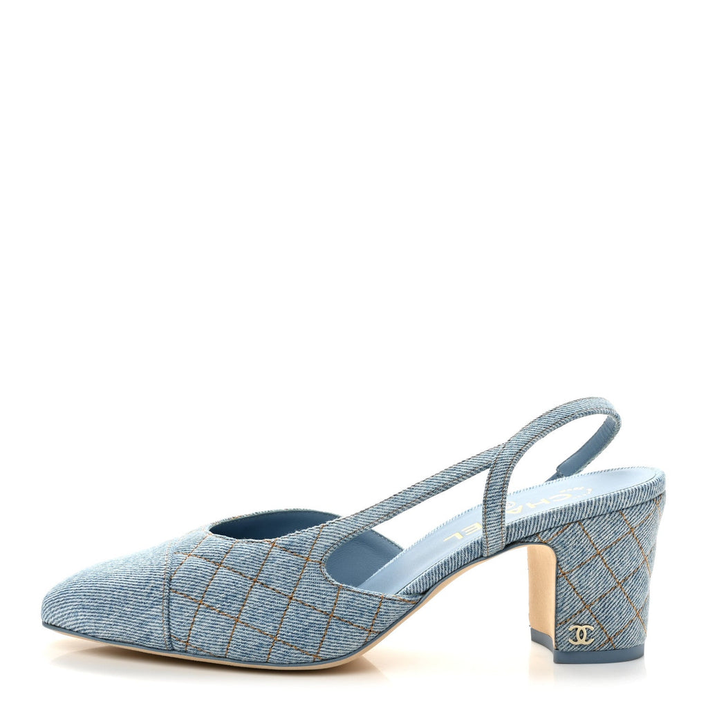 Denim Quilted Cap Toe Slingback Pumps 40 Light Blue