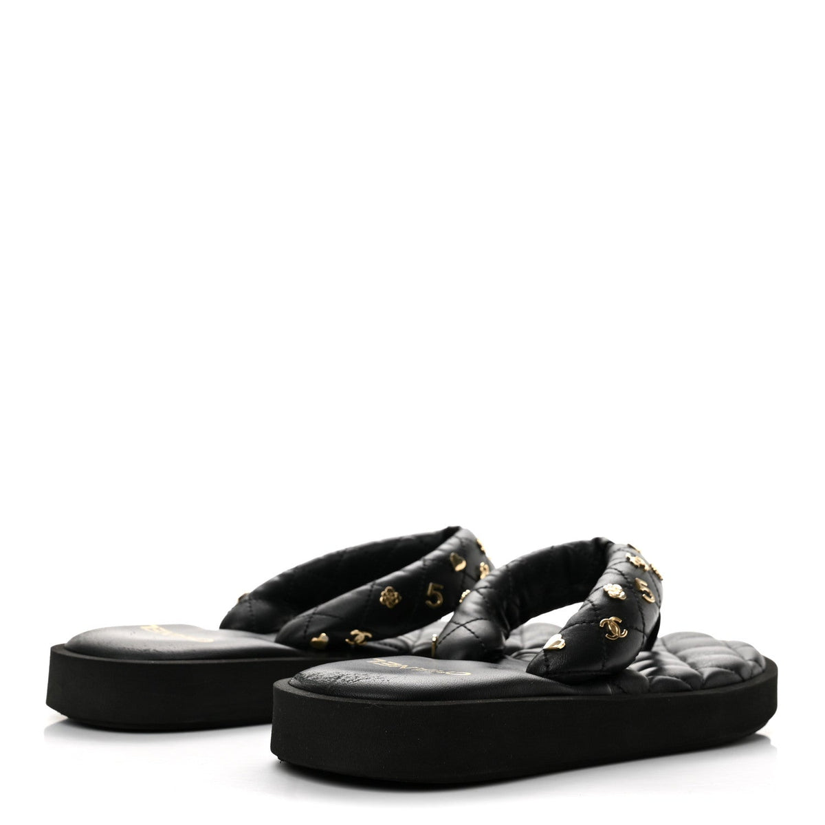 Lambskin Quilted Padded Charms Thong Sandals 38 Black