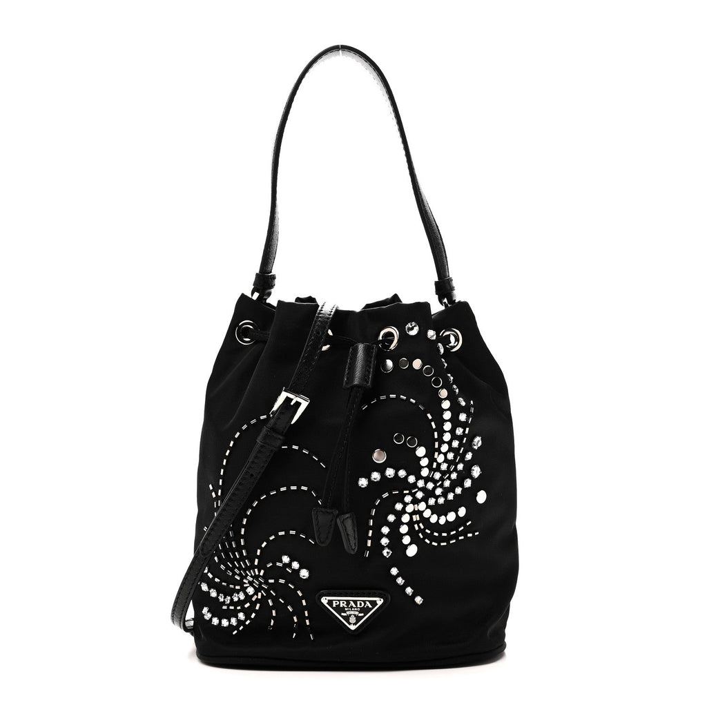 Tessuto Saffiano Ricamo Sequin Crystal Embellished Mini Re-Edition 1978 Bucket Bag Black