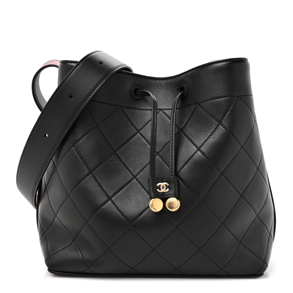 Calfskin Quilted Medium Bucket Bag Black