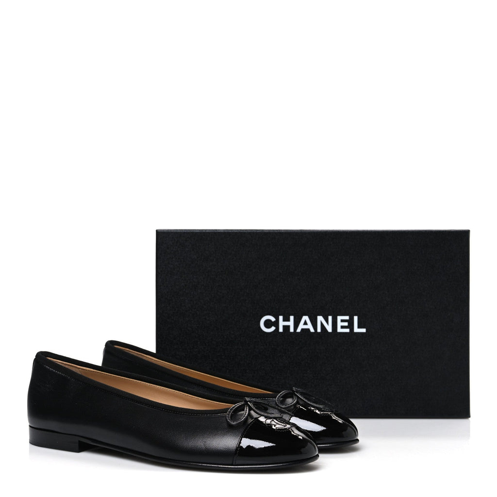 Lambskin Patent Cap Toe Ballerina Flats 39.5 Black