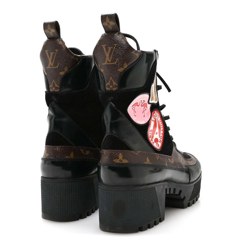 Suede Calfskin Monogram LV Black Heart Laureate Platform Desert Boots 37.5 Black