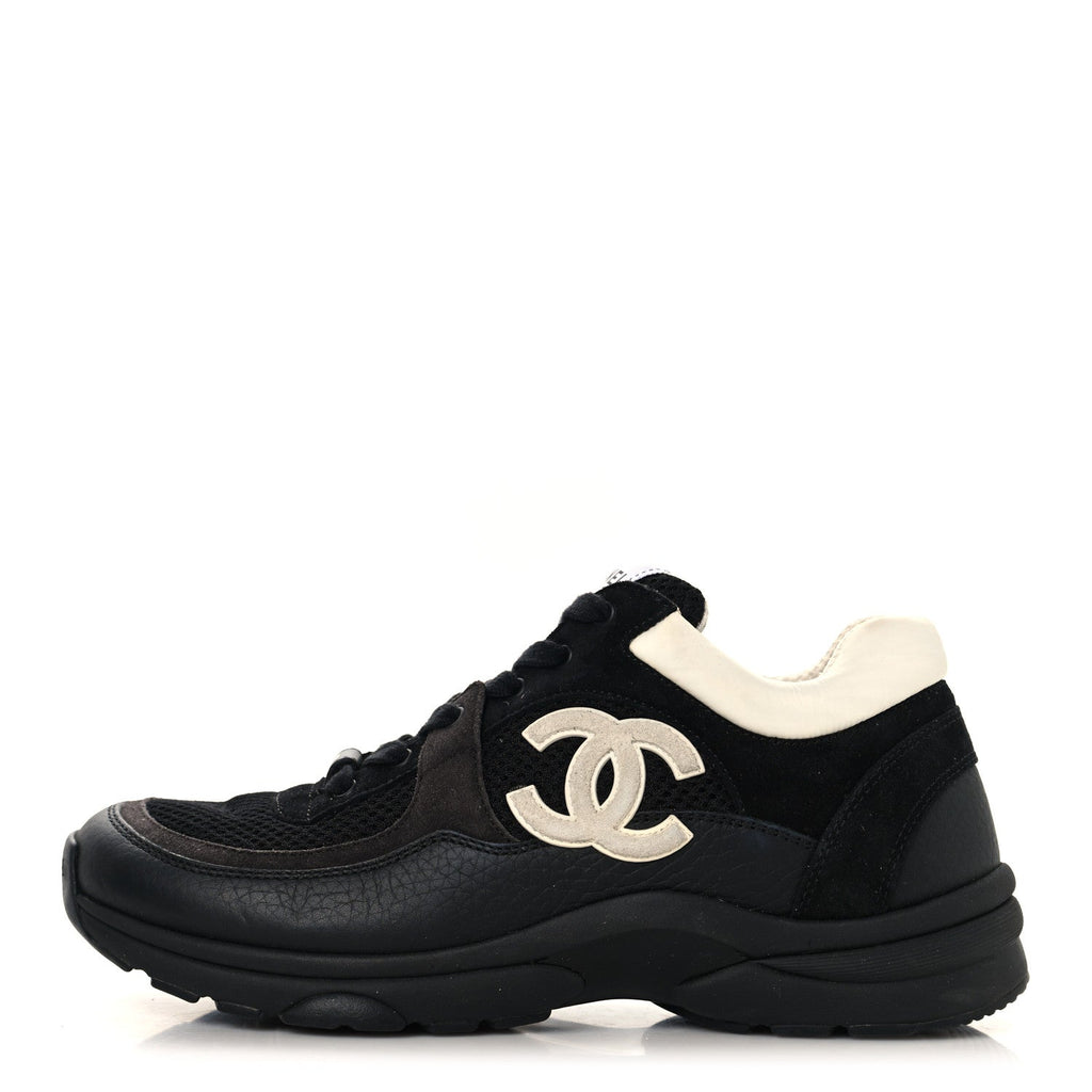 Mesh Suede Grained Calfskin Womens CC Sneakers 37.5 Black White