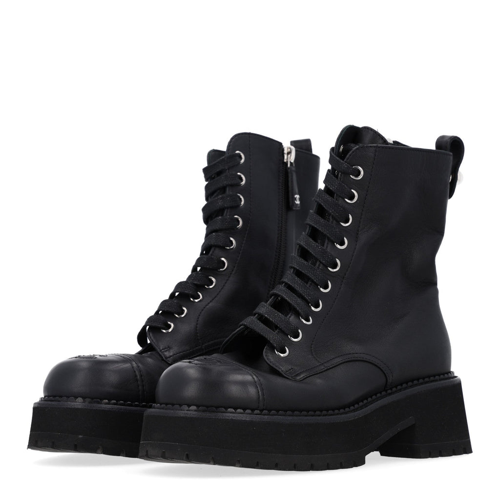 Calfskin Cap Toe Lace Up Combat Boots 37 Black