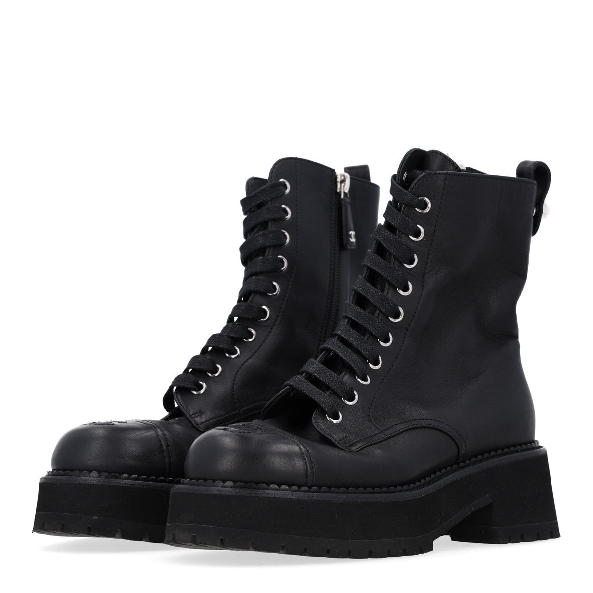 Calfskin Cap Toe Lace Up Combat Boots 37 Black