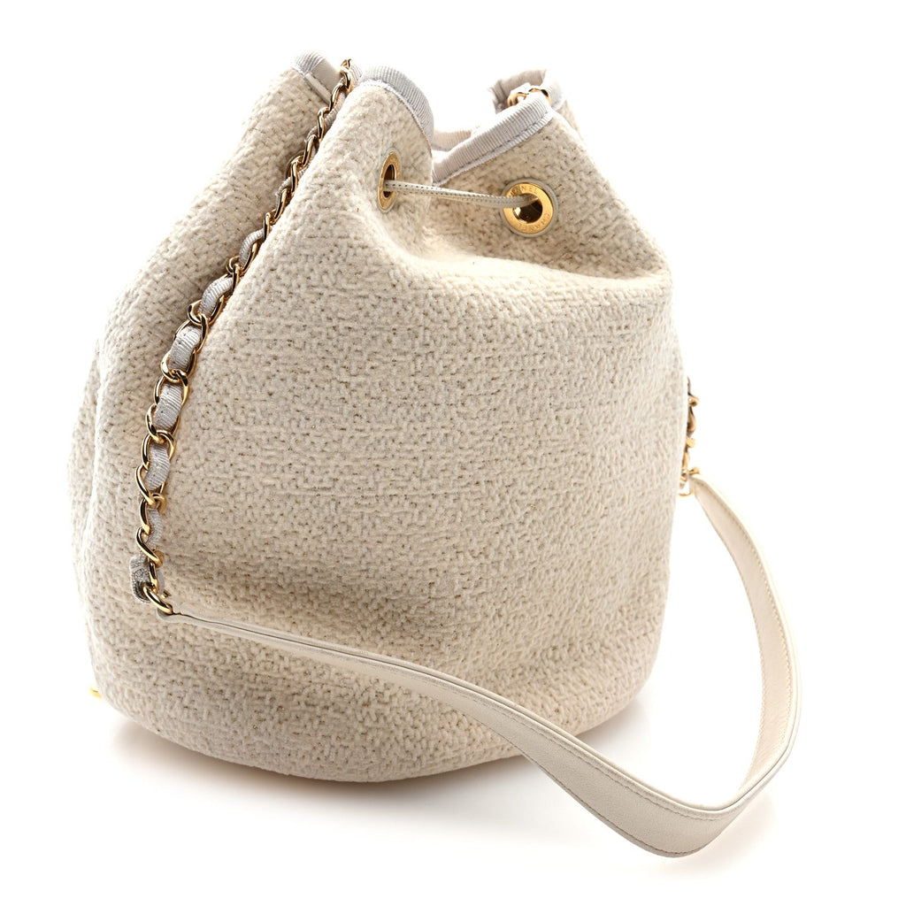 Lurex Boucle Deauville Drawstring Bucket Bag Ivory