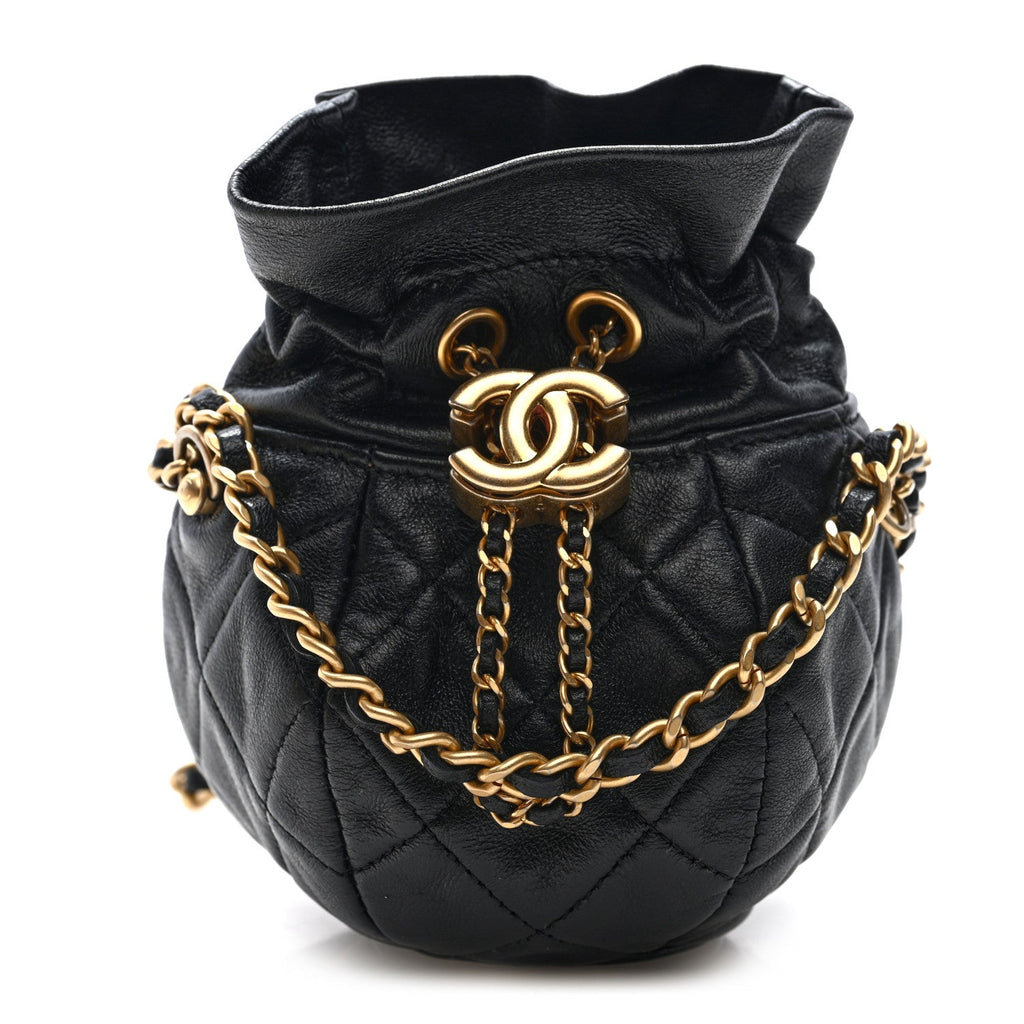 Shiny Lambskin Quilted Mini Drawstring CC Bucket Bag Black